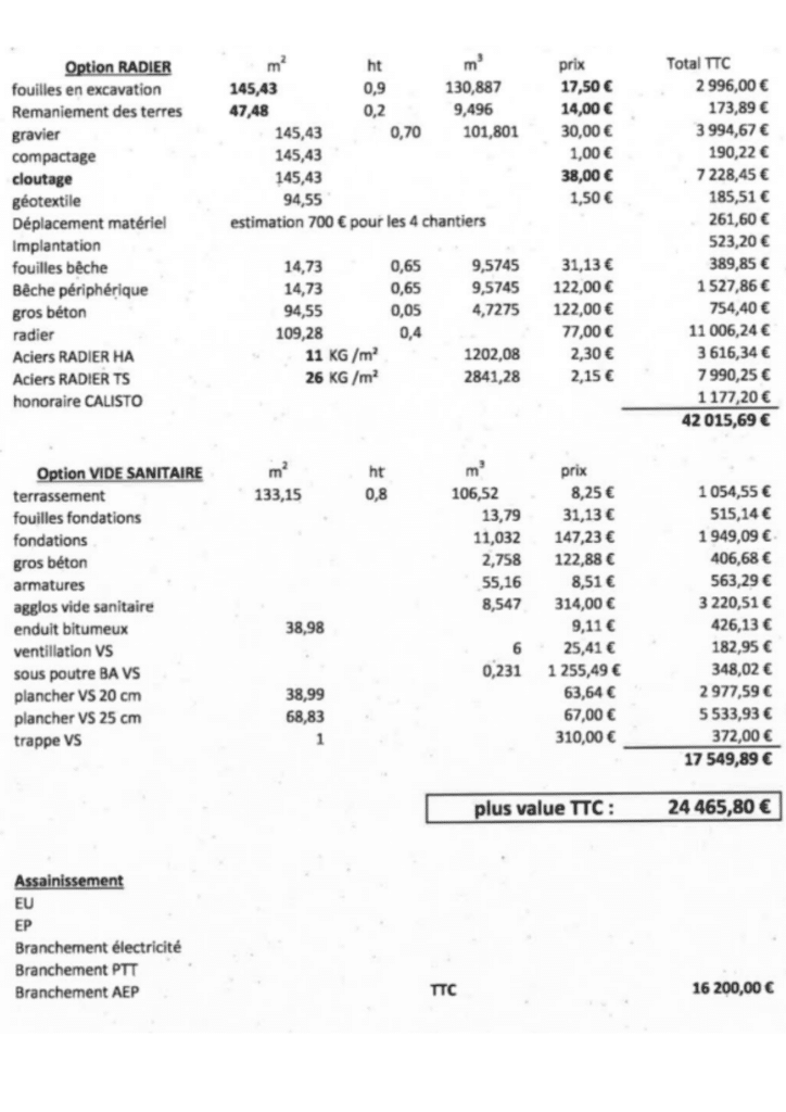 exemple différence de prix entre vide sanitaire et radier