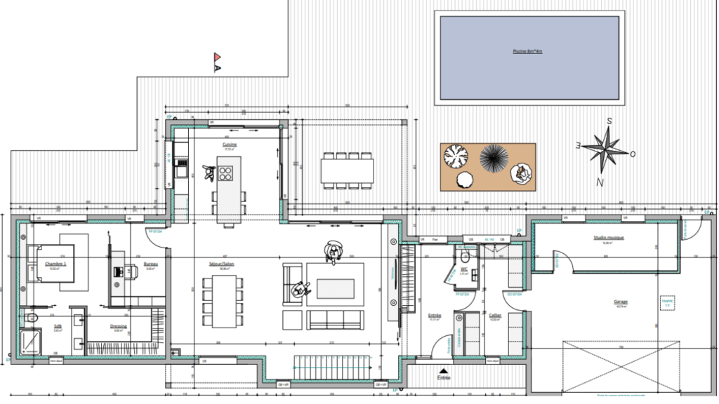 plan du rez de chaussée de cette maison de 200 m²