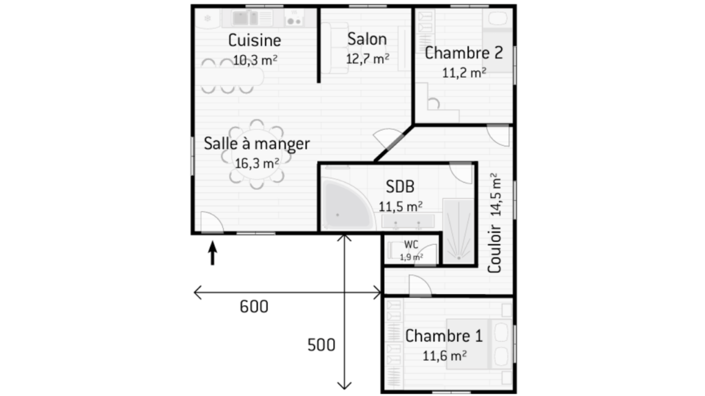 plan de maison en L 90m2 à optimiser