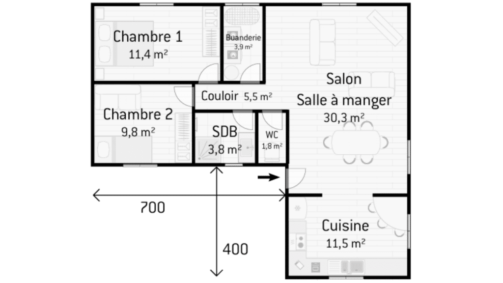 plan de maison en L 75m2