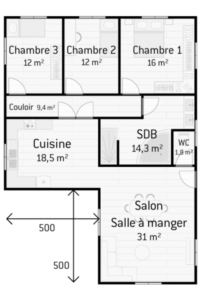 plan de maison en L de 115m2