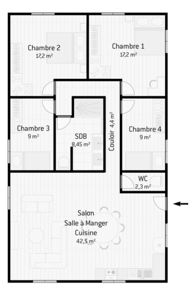 plan maison plain pied 4 chambres 120m2 forme rectangle