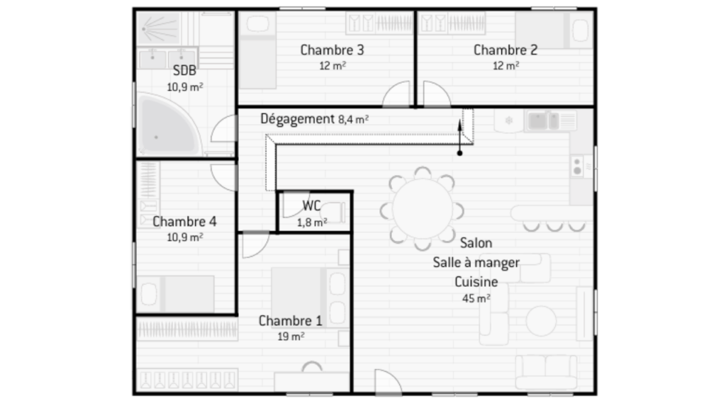 plan maison plain pied 4 chambres 120m2 forme carré