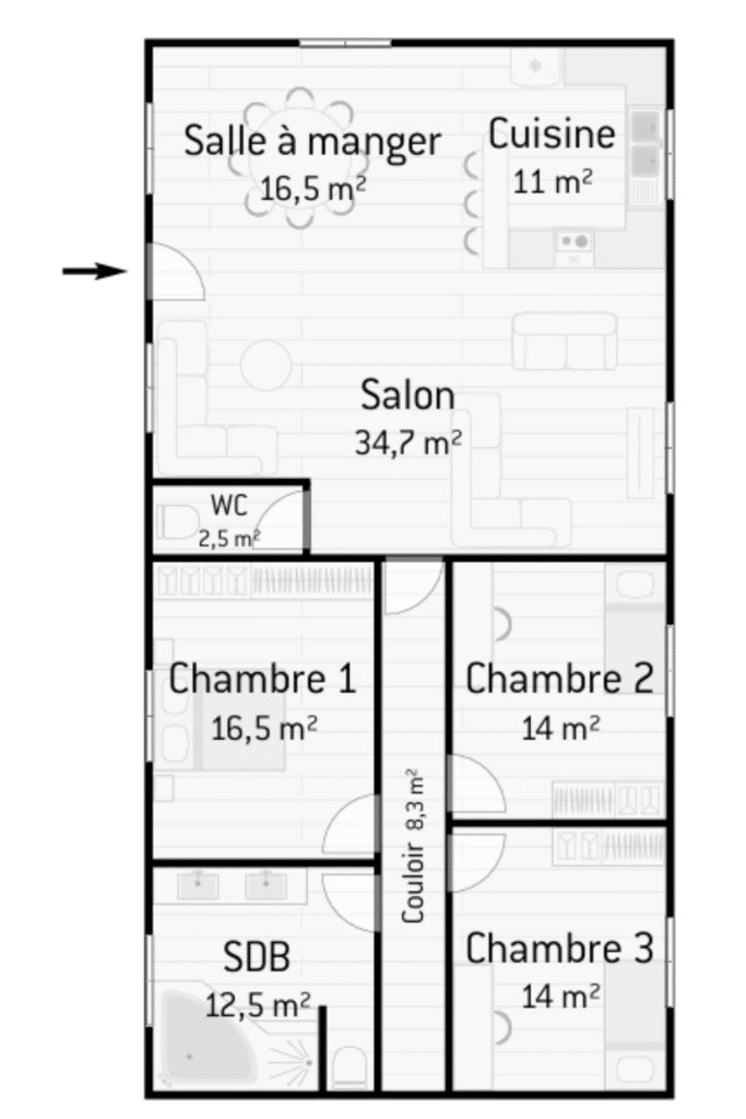 plan maison plain pied 3 chambres 140m2 en longueur