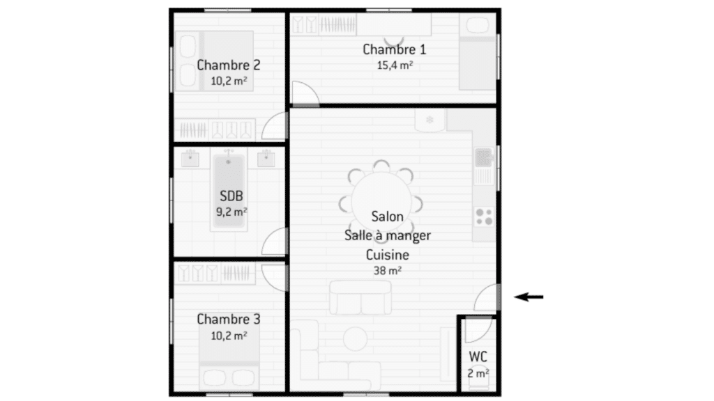 plan maison plain pied 3 chambres 90m2, plan 2