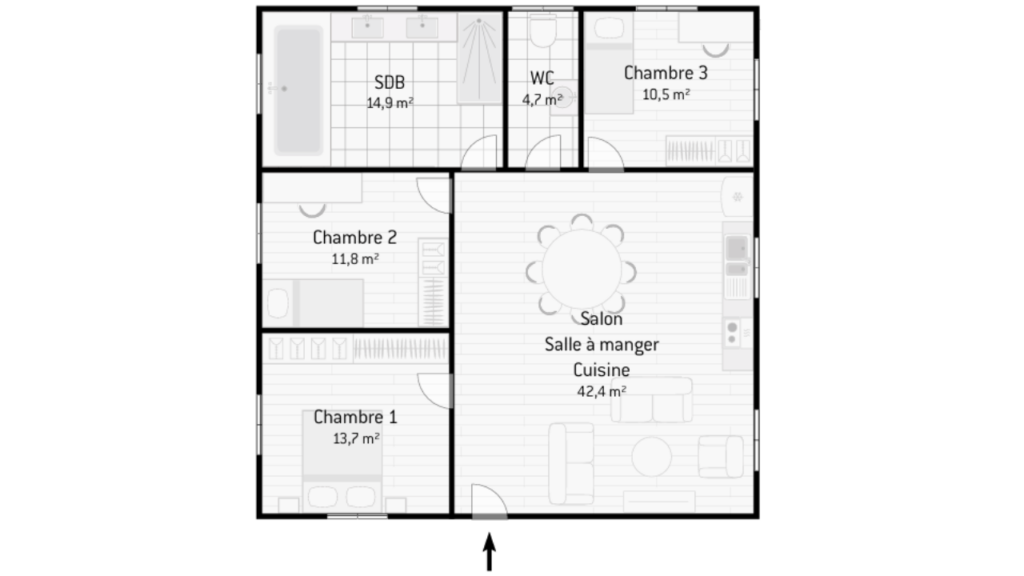 plan maison plain pied 3 chambres 90m2, plan 1